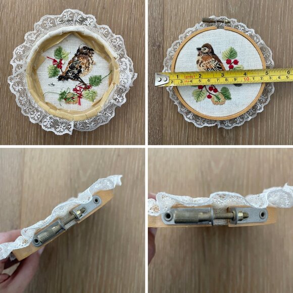 Handmade Birds Embroidery Hoop Art Wall Hanging Lace Needlepoint Sparrow Finch - Picture 7 of 13